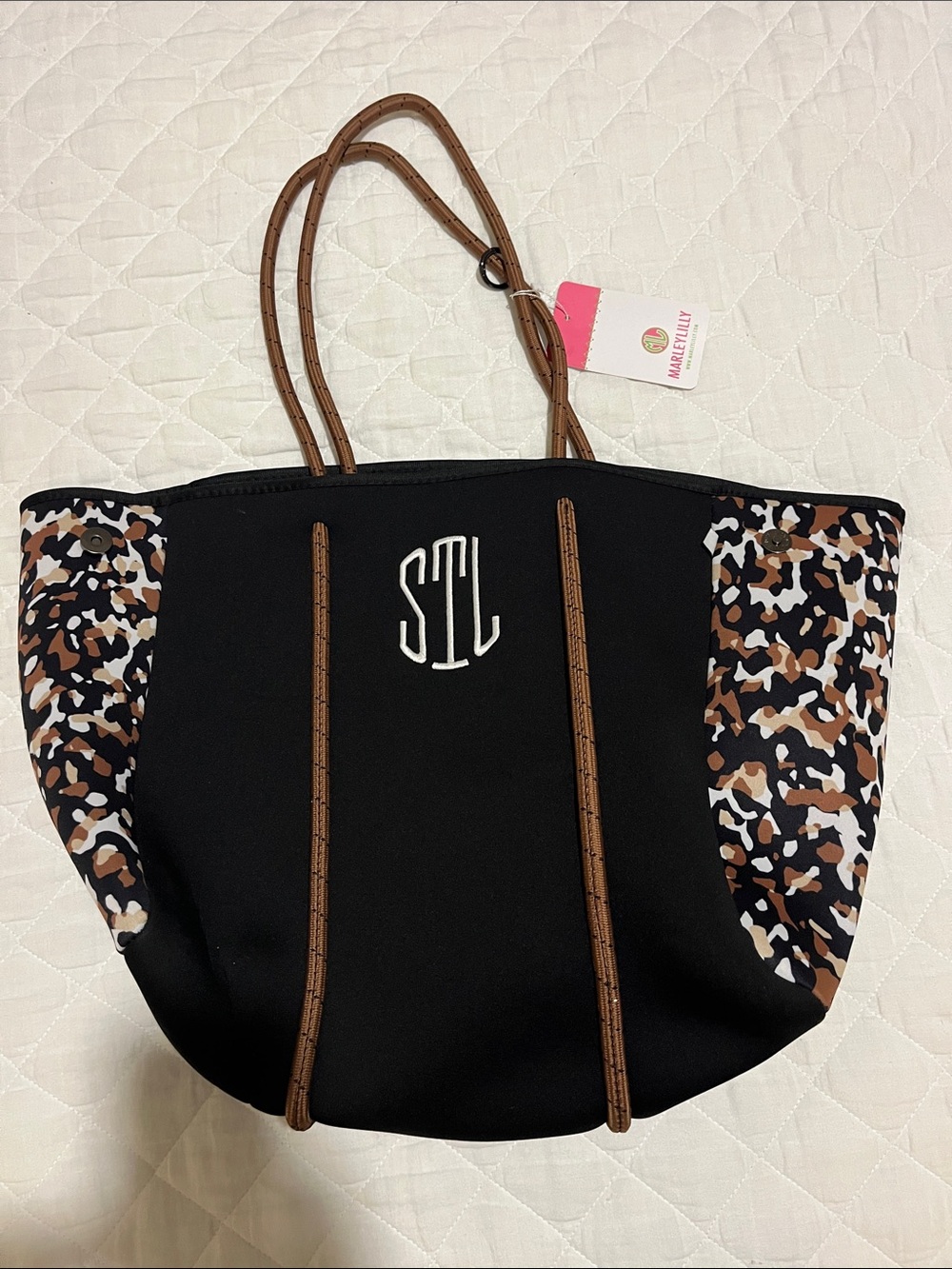 Black Neoprene Tote with Brown Accents and Leopard-Print Panels